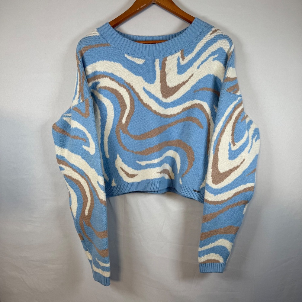 Hollister Swirl Pattern Crew Neck Cropped Sweater Light Blue Tan White Women's L